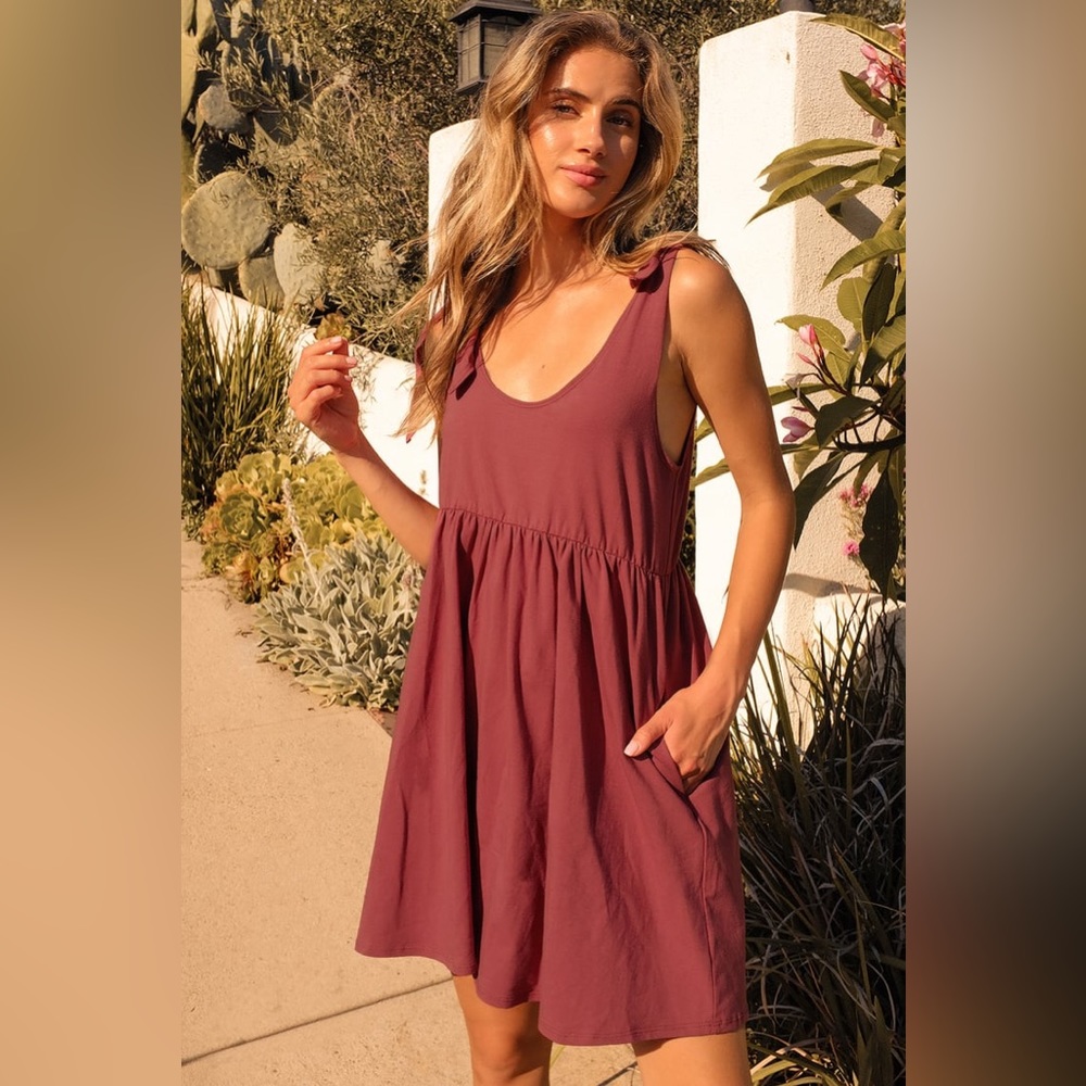 Lulu’s Don’t Worry, Baby Washed Burgundy Tie-Strap Babydoll Dress